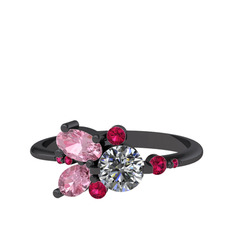 Binx Yüzük - Pırlanta, pembe kuvars ve rodolit garnet 925 ayar siyah rodyum kaplama gümüş yüzük (0.5 karat) #6zgzqb