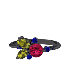 Binx Yüzük - Rodolit garnet, peridot ve lab safir 925 ayar siyah rodyum kaplama gümüş yüzük #7izfde