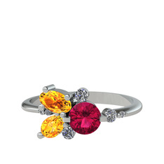 Rodolit garnet, sitrin ve beyaz zirkon 8 ayar beyaz altın yüzük