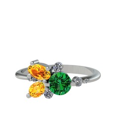 Yeşil kuvars, sitrin ve beyaz zirkon 8 ayar beyaz altın yüzük