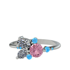 Pembe kuvars, swarovski ve akuamarin 14 ayar beyaz altın yüzük