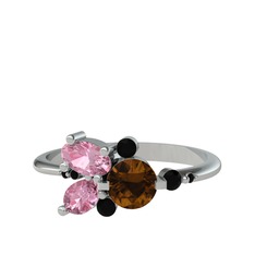Binx Yüzük - Dumanlı kuvars, pembe kuvars ve siyah zirkon 8 ayar beyaz altın yüzük #7yb0qp