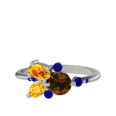 Binx Yüzük - Dumanlı kuvars, sitrin ve lab safir 14 ayar beyaz altın yüzük #7zreps