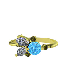 Akuamarin, swarovski ve peridot 14 ayar altın yüzük