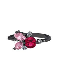 Rodolit garnet, pembe kuvars ve swarovski 925 ayar siyah rodyum kaplama gümüş yüzük