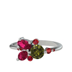 Binx Yüzük - Peridot, rodolit garnet ve garnet 8 ayar beyaz altın yüzük #8c1420