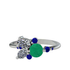 Binx Yüzük - Kök zümrüt, beyaz zirkon ve lab safir 18 ayar beyaz altın yüzük #9nynkw