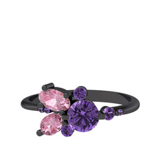 Binx Yüzük - Ametist ve pembe kuvars 925 ayar siyah rodyum kaplama gümüş yüzük #9y50vl