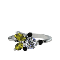 Binx Yüzük - Swarovski, peridot ve siyah zirkon 14 ayar beyaz altın yüzük #9yksxx
