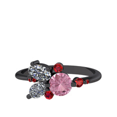 Binx Yüzük - Pembe kuvars, beyaz zirkon ve garnet 925 ayar siyah rodyum kaplama gümüş yüzük #aku927