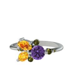 Ametist, sitrin ve peridot 8 ayar beyaz altın yüzük