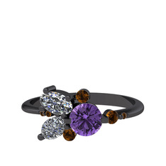 Binx Yüzük - Ametist, beyaz zirkon ve dumanlı kuvars 925 ayar siyah rodyum kaplama gümüş yüzük #awfn02