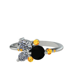 Siyah zirkon, swarovski ve sitrin 8 ayar beyaz altın yüzük