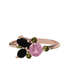 Binx Yüzük - Pembe kuvars, siyah zirkon ve peridot 8 ayar rose altın yüzük #b74st