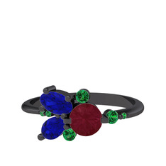 Kök yakut, lab safir ve yeşil kuvars 925 ayar siyah rodyum kaplama gümüş yüzük