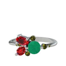 Binx Yüzük - Kök zümrüt, garnet ve peridot 14 ayar beyaz altın yüzük #bw2hu0