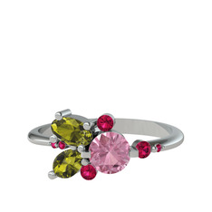 Binx Yüzük - Pembe kuvars, peridot ve rodolit garnet 14 ayar beyaz altın yüzük #cj6jh9