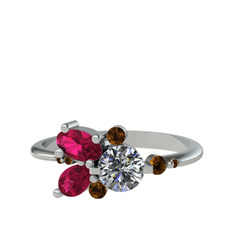 Binx Yüzük - Pırlanta, rodolit garnet ve dumanlı kuvars 14 ayar beyaz altın yüzük (0.5 karat) #dag4qa