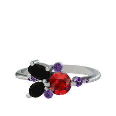 Garnet, siyah zirkon ve ametist 18 ayar beyaz altın yüzük