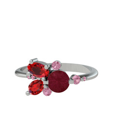 Kök yakut, garnet ve pembe kuvars 18 ayar beyaz altın yüzük