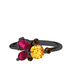 Binx Yüzük - Sitrin, rodolit garnet ve dumanlı kuvars 925 ayar siyah rodyum kaplama gümüş yüzük #dryl4z