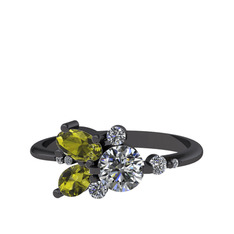 Binx Yüzük - Swarovski, peridot ve beyaz zirkon 925 ayar siyah rodyum kaplama gümüş yüzük #e80i18