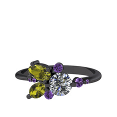 Binx Yüzük - Pırlanta, peridot ve ametist 925 ayar siyah rodyum kaplama gümüş yüzük (0.5 karat) #eiwm9o