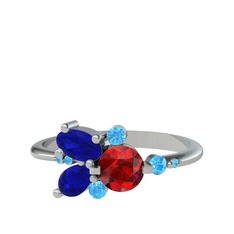 Garnet, lab safir ve akuamarin 8 ayar beyaz altın yüzük