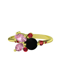 Binx Yüzük - Siyah zirkon, pembe kuvars ve garnet 14 ayar altın yüzük #f40bfo
