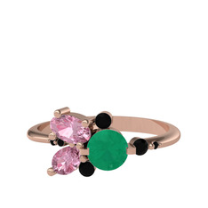 Binx Yüzük - Kök zümrüt, pembe kuvars ve siyah zirkon 14 ayar rose altın yüzük #f884o1