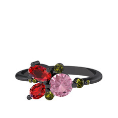 Pembe kuvars, garnet ve peridot 925 ayar siyah rodyum kaplama gümüş yüzük