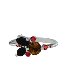 Dumanlı kuvars, siyah zirkon ve garnet 18 ayar beyaz altın yüzük