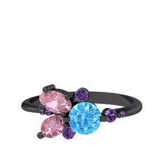 Binx Yüzük - Akuamarin, pembe kuvars ve ametist 925 ayar siyah rodyum kaplama gümüş yüzük #h6wa04