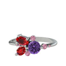 Ametist, garnet ve pembe kuvars 18 ayar beyaz altın yüzük