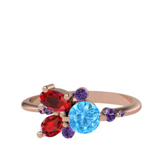 Akuamarin, garnet ve ametist 14 ayar rose altın yüzük