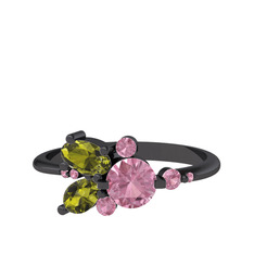 Pembe kuvars ve peridot 925 ayar siyah rodyum kaplama gümüş yüzük