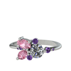 Swarovski, pembe kuvars ve ametist 18 ayar beyaz altın yüzük