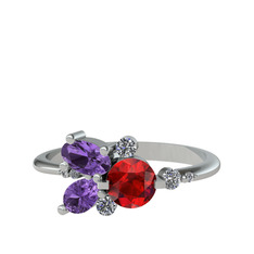 Binx Yüzük - Garnet, ametist ve beyaz zirkon 18 ayar beyaz altın yüzük #jkiguk