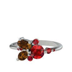 Garnet ve dumanlı kuvars 8 ayar beyaz altın yüzük