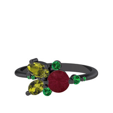 Binx Yüzük - Kök yakut, peridot ve yeşil kuvars 925 ayar siyah rodyum kaplama gümüş yüzük #jr0l40