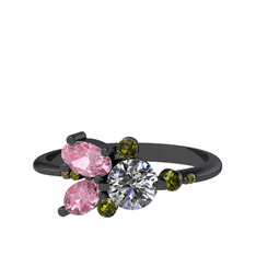 Swarovski, pembe kuvars ve peridot 925 ayar siyah rodyum kaplama gümüş yüzük