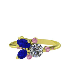 Swarovski, lab safir ve pembe kuvars 8 ayar altın yüzük