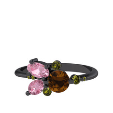 Dumanlı kuvars, pembe kuvars ve peridot 925 ayar siyah rodyum kaplama gümüş yüzük
