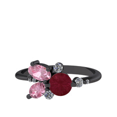 Kök yakut, pembe kuvars ve swarovski 925 ayar siyah rodyum kaplama gümüş yüzük