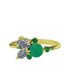 Kök zümrüt, beyaz zirkon ve yeşil kuvars 14 ayar altın yüzük