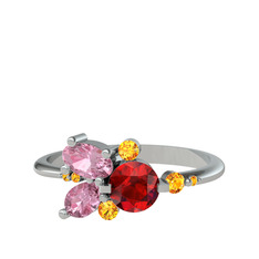 Garnet, pembe kuvars ve sitrin 8 ayar beyaz altın yüzük