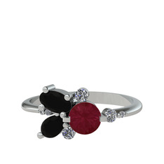 Binx Yüzük - Kök yakut, siyah zirkon ve swarovski 14 ayar beyaz altın yüzük #li3ih4