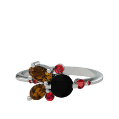 Binx Yüzük - Siyah zirkon, dumanlı kuvars ve garnet 18 ayar beyaz altın yüzük #lj4r22