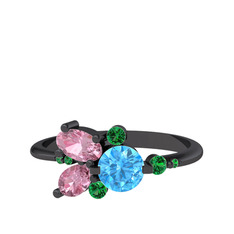 Binx Yüzük - Akuamarin, pembe kuvars ve yeşil kuvars 925 ayar siyah rodyum kaplama gümüş yüzük #lu1sa