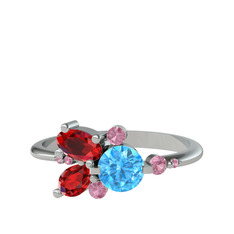 Akuamarin, garnet ve pembe kuvars 18 ayar beyaz altın yüzük